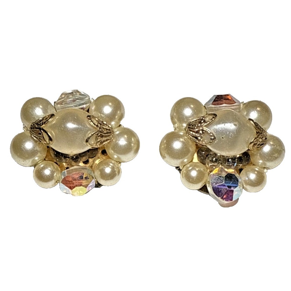 Clip On Earrings Faux Pearl‎ AB Crystal Gold Tone Filagree Detail  Vtg J-6A